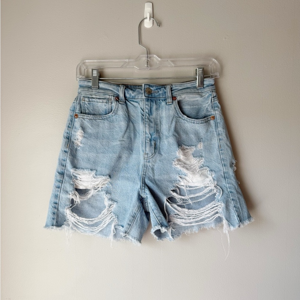 American Eagle Ripped Light Blue Relaxed Mom Shorts